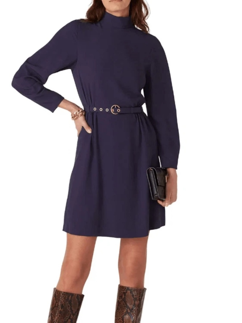 See By Chloé Navy Blue Long Sleeve Mockneck Belted Dress